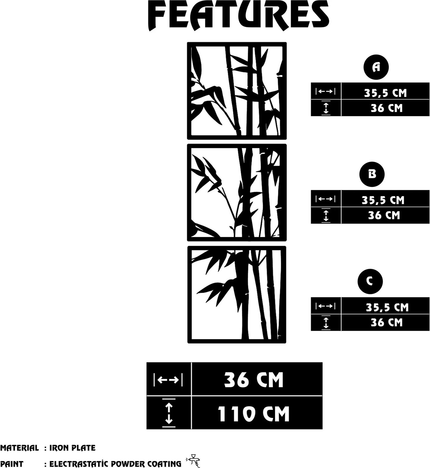 Aksesor dekorativ metalik për mur, Wallity Tuyunju, ngjyrë e zezë, 36x110cm