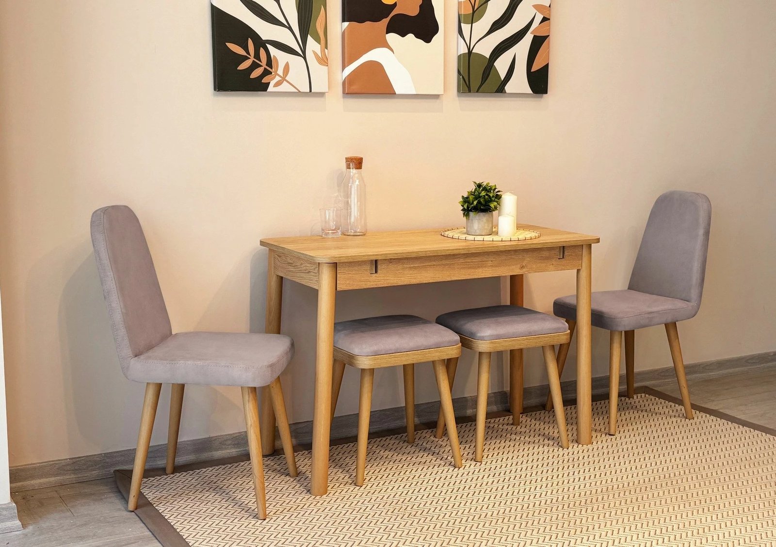 Set tavolinë me karrige për ngrënie, zgjatues, 6 pjesë, Skye Decor, Vina Mini 03 0701, ngjyrë lisi, Soho gri