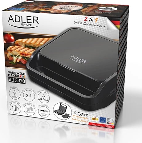Aparat sanduiçi 2-në-1, Adler, AD 3070, pllaka të ndërrueshme grill/sanduiç, veshje jo-ngjitëse, 850W, i zi