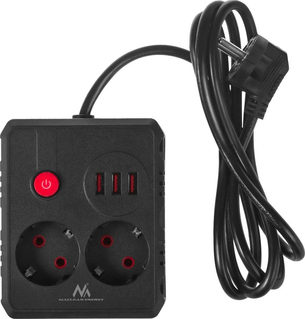 Prizë zgjatëse Maclean MCE387 B, 2 Schuko + 3 USB, 2500W, kabllo 1.5 m, me ndërprerës, e zezë