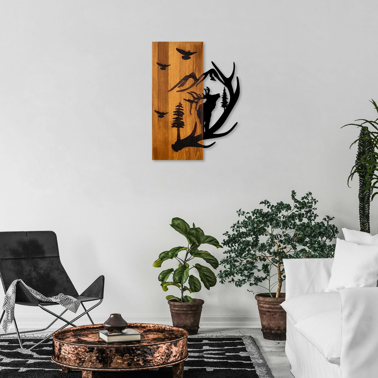 Aksesor dekorativ prej druri për mur, dreri dhe mali, ngjyrë arre, 43x58cm