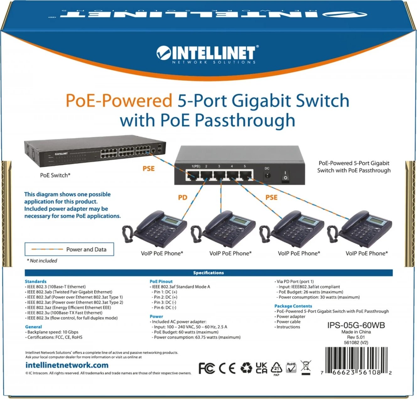 Switch Intellinet 561082, 5 Porte Gigabit PoE, i pa menaxhueshëm