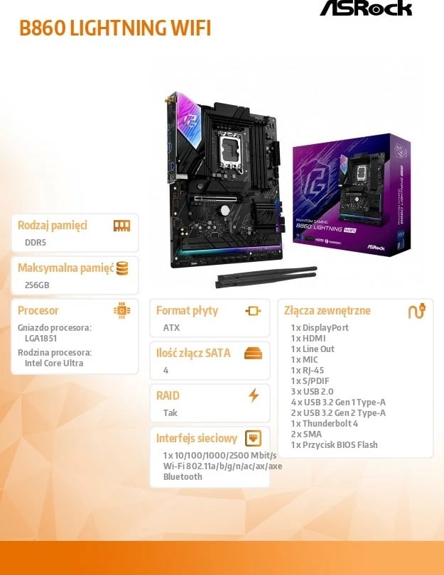 Pllakë amë ASRock B860 LIGHTNING WIFI, ATX, LGA1851, 4x DDR5, Wi-Fi 6E, E zezë