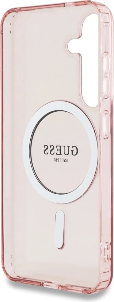 Mbështjellës Guess Glitter Circle Classic Logo MagSafe për Samsung Galaxy S25, Rozë