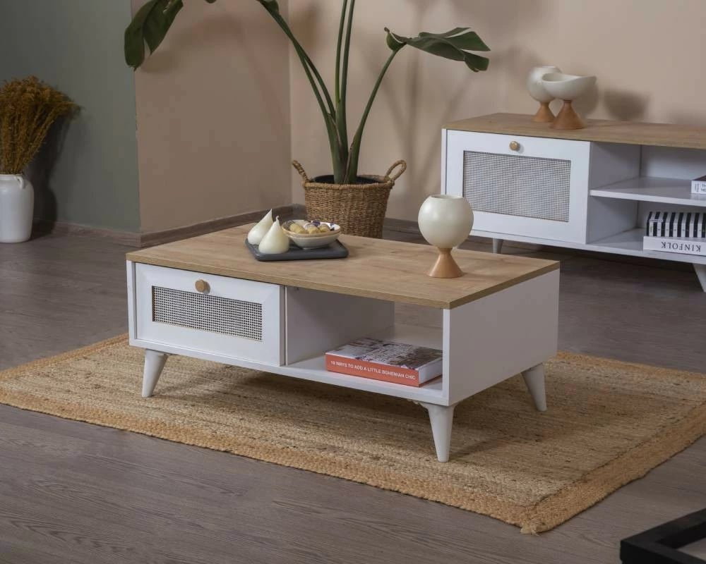 Tavolinë kafeje Skye Decor, Calvin, e bardhë dhe lis