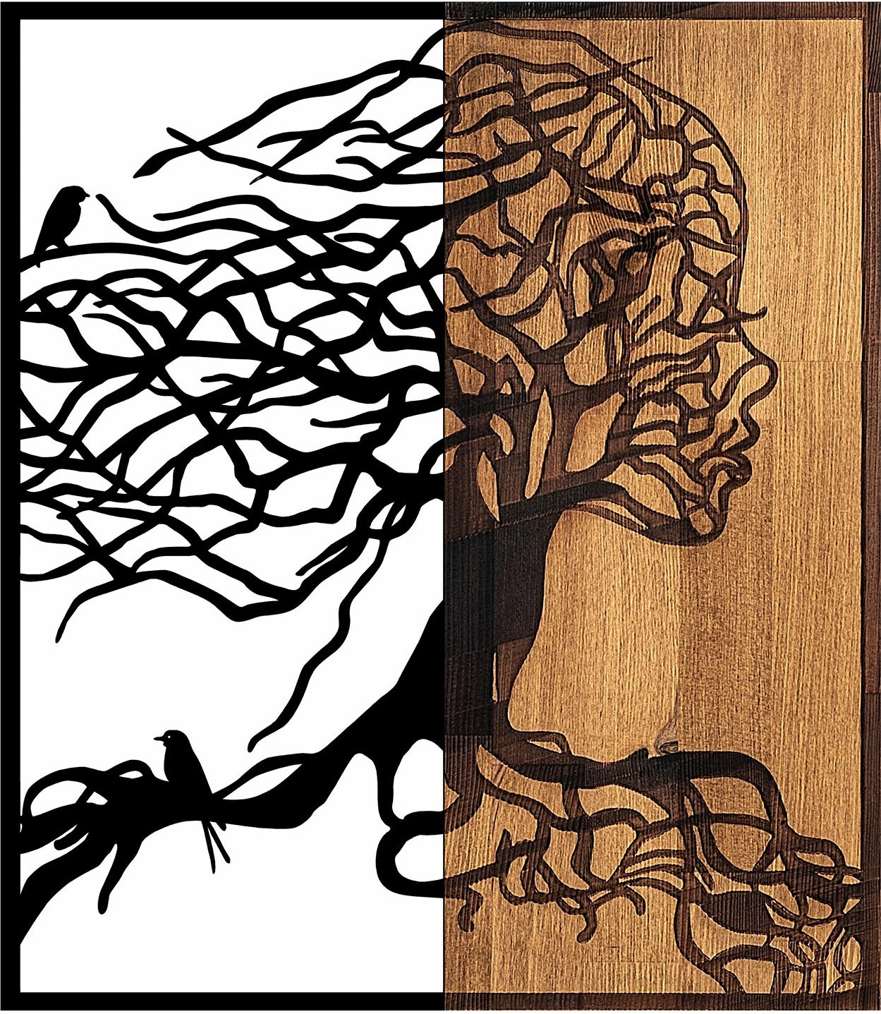 Aksesor dekorativ për mur, dru dhe metal, ngjyrë e zezë dhe arre, Wallity, pemë grua, 50x3x58cm