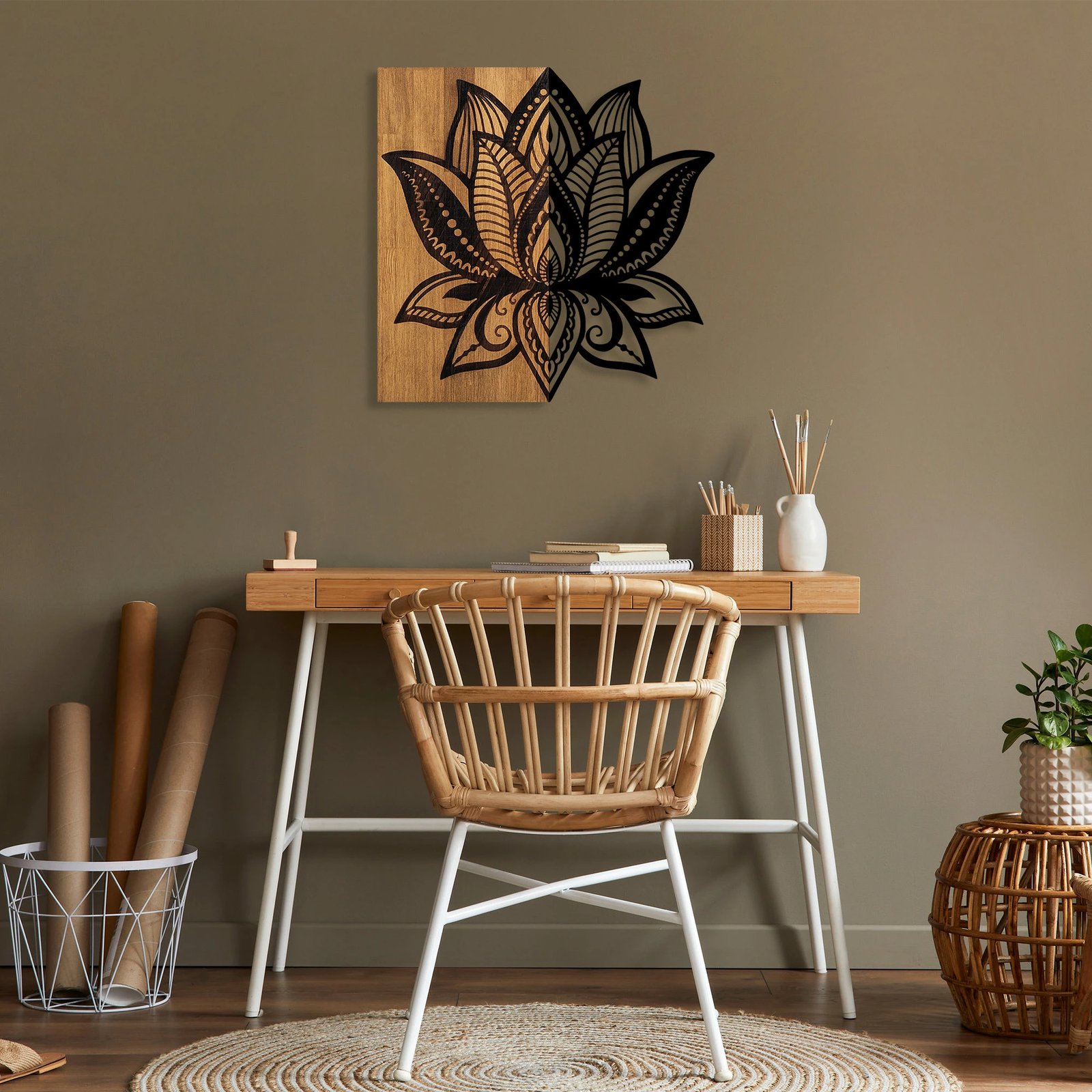 Aksesor dekorativ për mur, dru dhe metal, lotus, ngjyrë arre dhe e zezë, 58x59cm