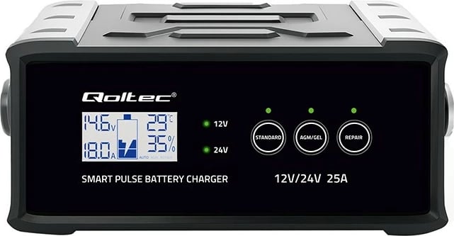 Karikues baterie mikroprocesorik Qoltec 52514 12V/24V 25A me funksion riparimi LCD, e zezë