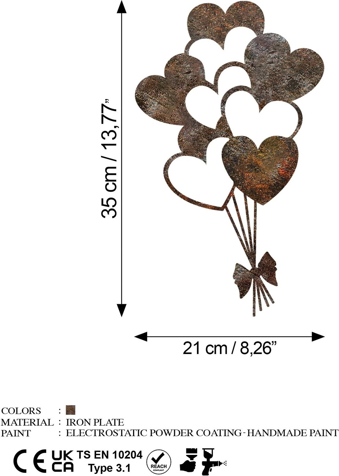 Aksesor dekorativ metalik për mur, zemra 'Rusty Heart 1', ngjyrë antike, 35x21cm