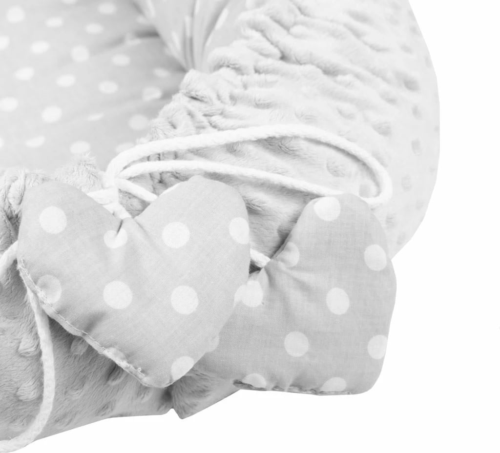 fole bebe luksoze, NEW BABY, Heart, minky i kthyeshëm me rregullim me kordelë, 55x75 cm, gri, set me jastëk dhe batanije