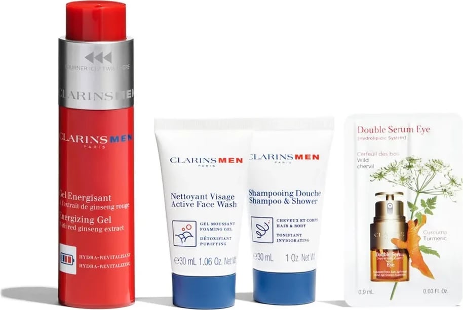 Set për meshkuj Clarins Men Gel Energizues 50ml Shampon 30ml Pastrues fytyre 30ml