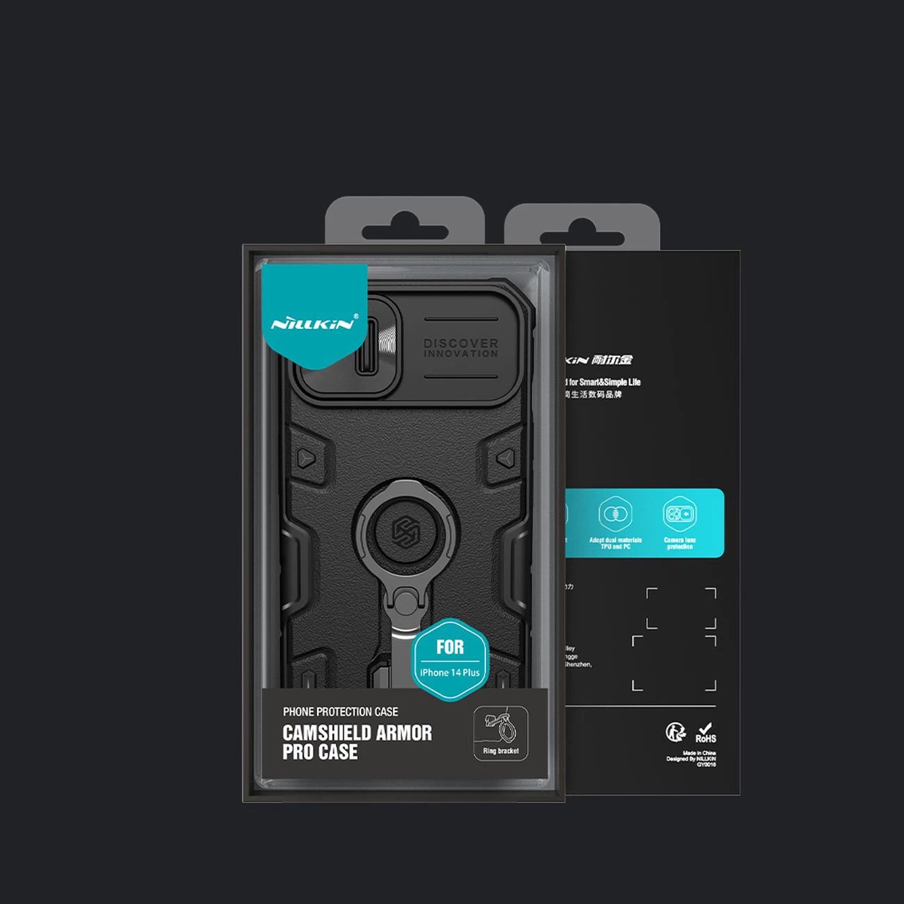 Mbështjellës Nillkin CamShield Armor Pro për iPhone 14 Plus, me mbrojtës kamere, mbajtëse unaze, i zi