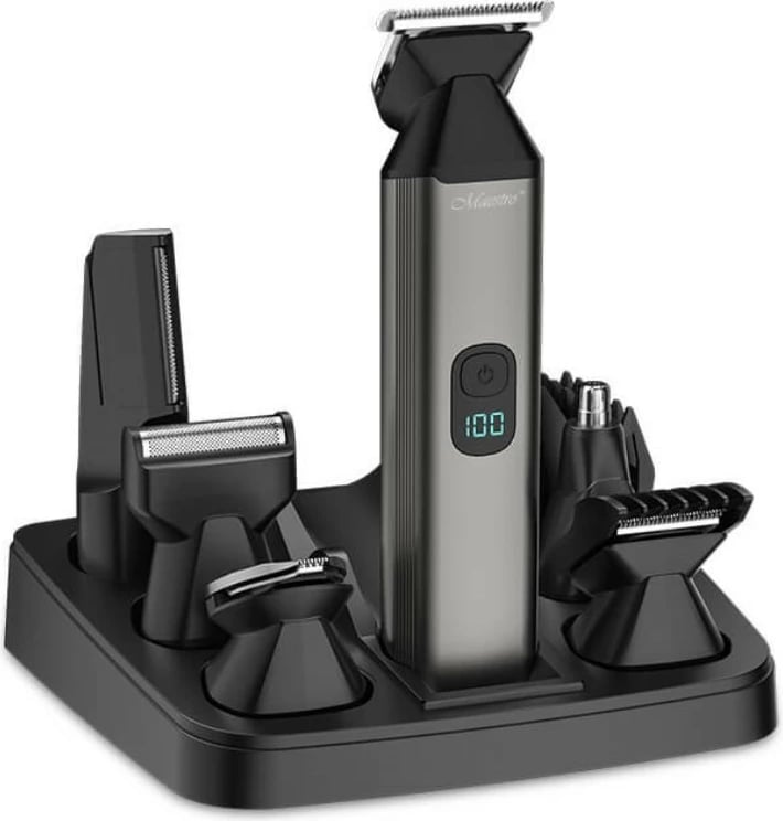 Set trimmer 6-në-1 Feel-Maestro MR-661, bateri 100 min, karikim USB-C, tehe çelik inoksi, wet & dry, e zezë/gri