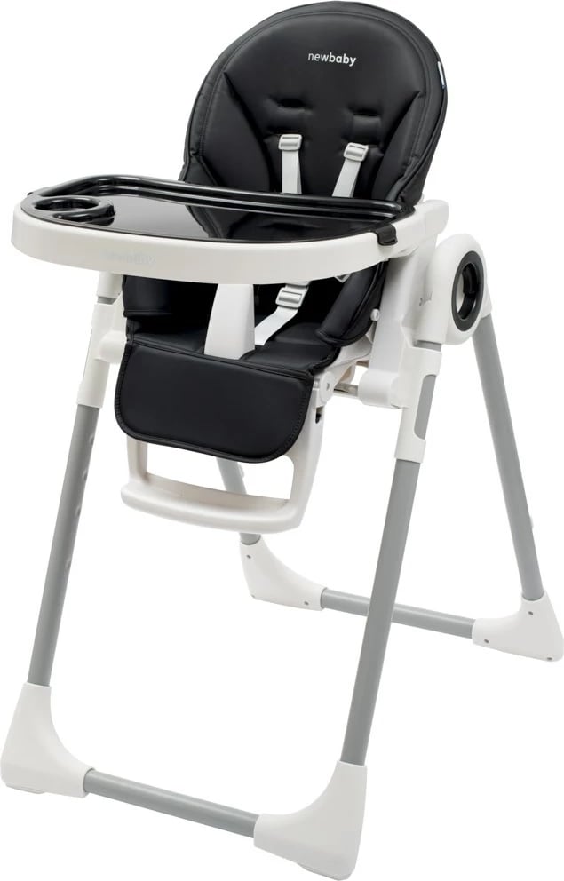 Karrige e lartë për bebe, NEW BABY Iris, shpinore 6 pozicione, lartësi 5 nivele, rripa sigurie 5-pikësh, tabaka dyshe, mbulesë eko-lëkurë, e zezë