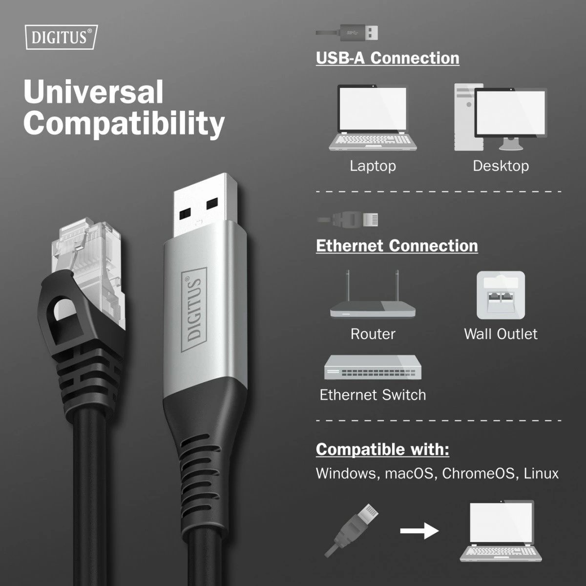 Adapter LAN Digitus AK-300600-020-S, USB-A në RJ45, 2m, i zi