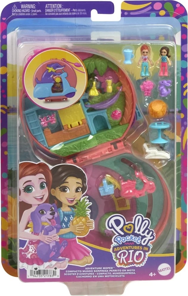 Set lodrash Polly Pocket Adventure Moped Compact me 2 kukulla të vogla dhe kafshë lodër, shumëngjyrëshe