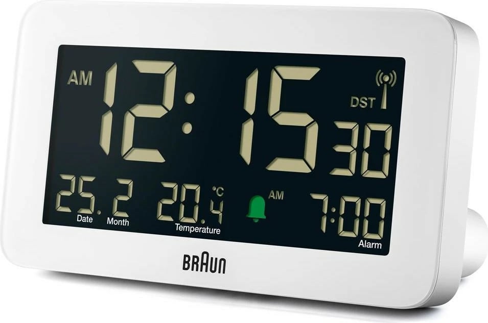 Alarm digjital Braun BC10, ekran LCD, termometër, orar 12/24h, bardhë Alarm digjital Braun BC10, ekran LCD, termometër, orar 12/24h, bardhë