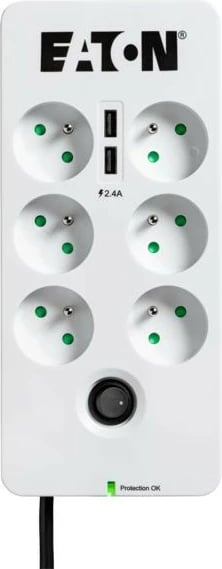 Prizë shumëfishe me mbrojtje nga mbingarkesa Eaton PB6TUF, 6 dalje, 2xUSB, 2xRJ-11, 1.5m, bardhë/zezë