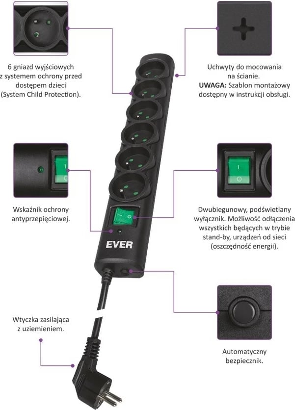 Prizë mbrojtëse EVER Optima T/LZ08-OPT050/0000, 6 dalje, 5m, e zezë Prizë mbrojtëse EVER Optima T/LZ08-OPT050/0000, 6 dalje, 5m, e zezë