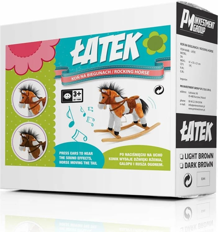 Kalë lëkundës me melodi, Milly Mally Jurášek, i butë plush, kornizë druri e çmontueshme, 3x AA, ngarkesë deri 30 kg, kafe e errët