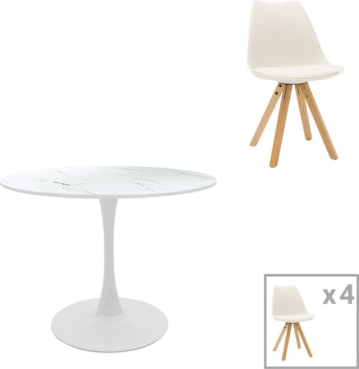 Set tavoline me karrige Balou I-Caron, 5 copë, MDF dhe PP, ngjyrë bardhë-natyrale, Φ120x75cm