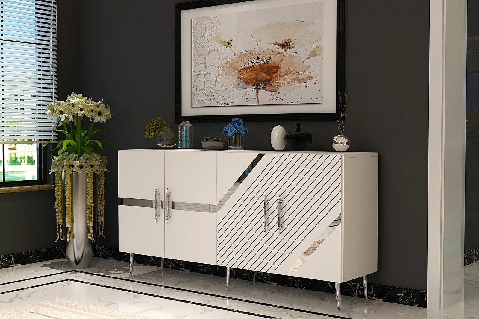 Konsol Skye Decor, Fuga KB150, e bardhë, argjend