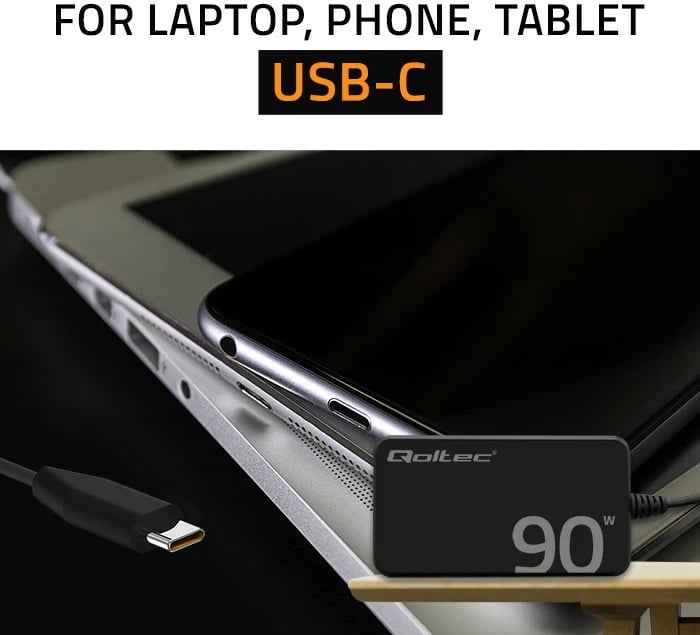 Karikues muri Qoltec 52422, 90W GaN, USB-C 3.1, me kabllo, i zi