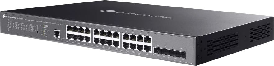 Switch TP-LINK SG3428XMPP Omada, 24 porte Gigabit PoE+, 4 porte SFP+, kasë rack, i zi