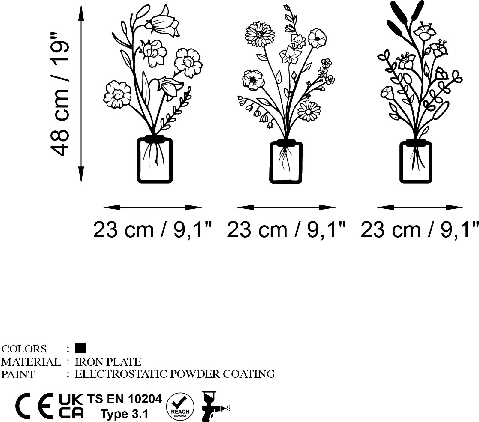 Aksesor metalik dekorativ për mur, Wallity Erba-1, set prej 3 copash, ngjyrë e zezë