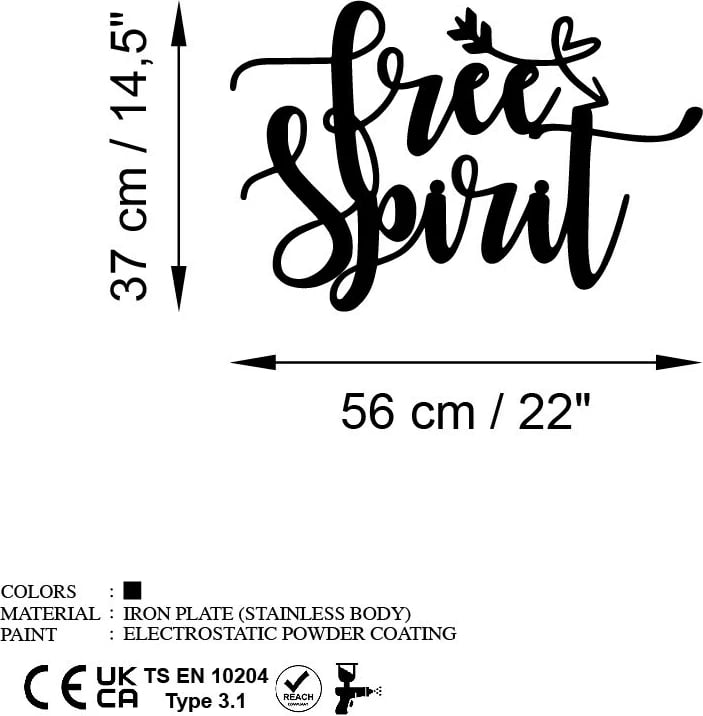 Aksesor dekorativ metalik për mur, Free Spirit, ngjyrë e zezë, 56x37cm
