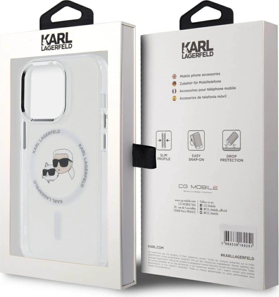 Mbështjellës Karl Lagerfeld IML Metal Karl & Choupette Head MagSafe për iPhone 14 Pro, Bardhë
