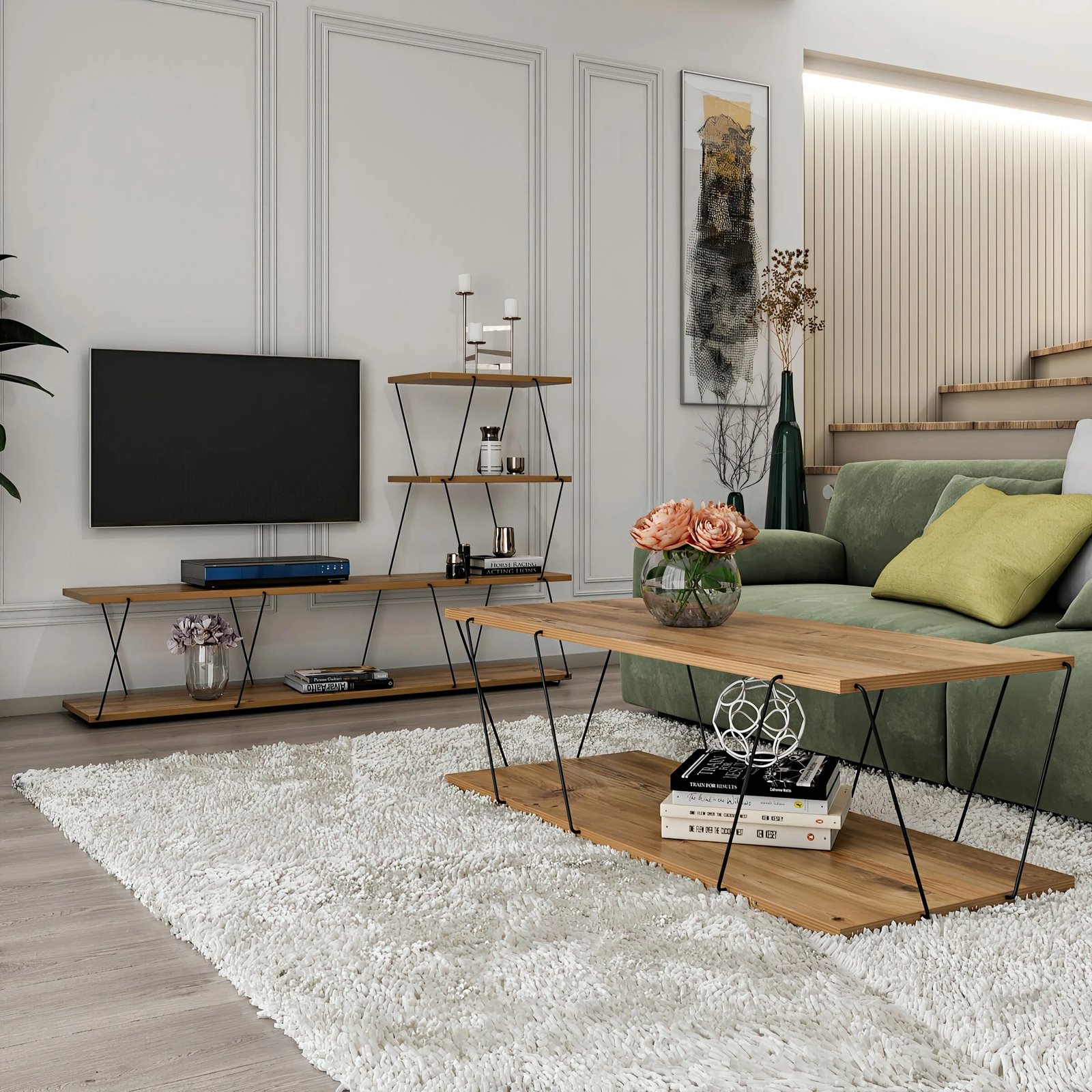 Set mobiljesh për dhomë dite Hanah Home, Basak - pishë Atlantike, e zezë