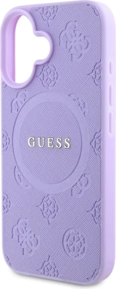 Mbështjellës Guess Saffiano Peony Classic Logo MagSafe për iPhone 16, vjollcë