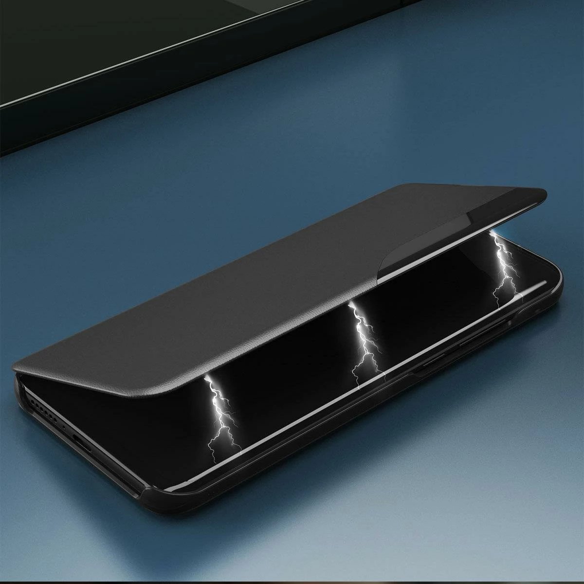 Mbështjellës Hurtel Eco Leather View Case për Samsung Galaxy A73, me kapak dhe mbajtëse, Blu