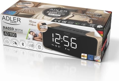 Orë alarmi me radio dhe Bluetooth, Adler AD 1190, stereo 2x3W, USB/SD/AUX, bateri 2600 mAh, ekran pasqyrë LCD i bardhë, e zezë/ngjyrë bakri