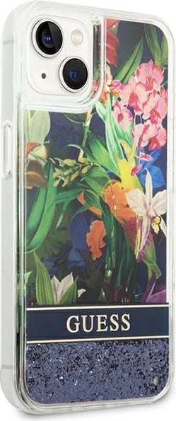 Mbështjellës Guess Flower Liquid Glitter për iPhone 14, 6.1", Kaltër, hardcase