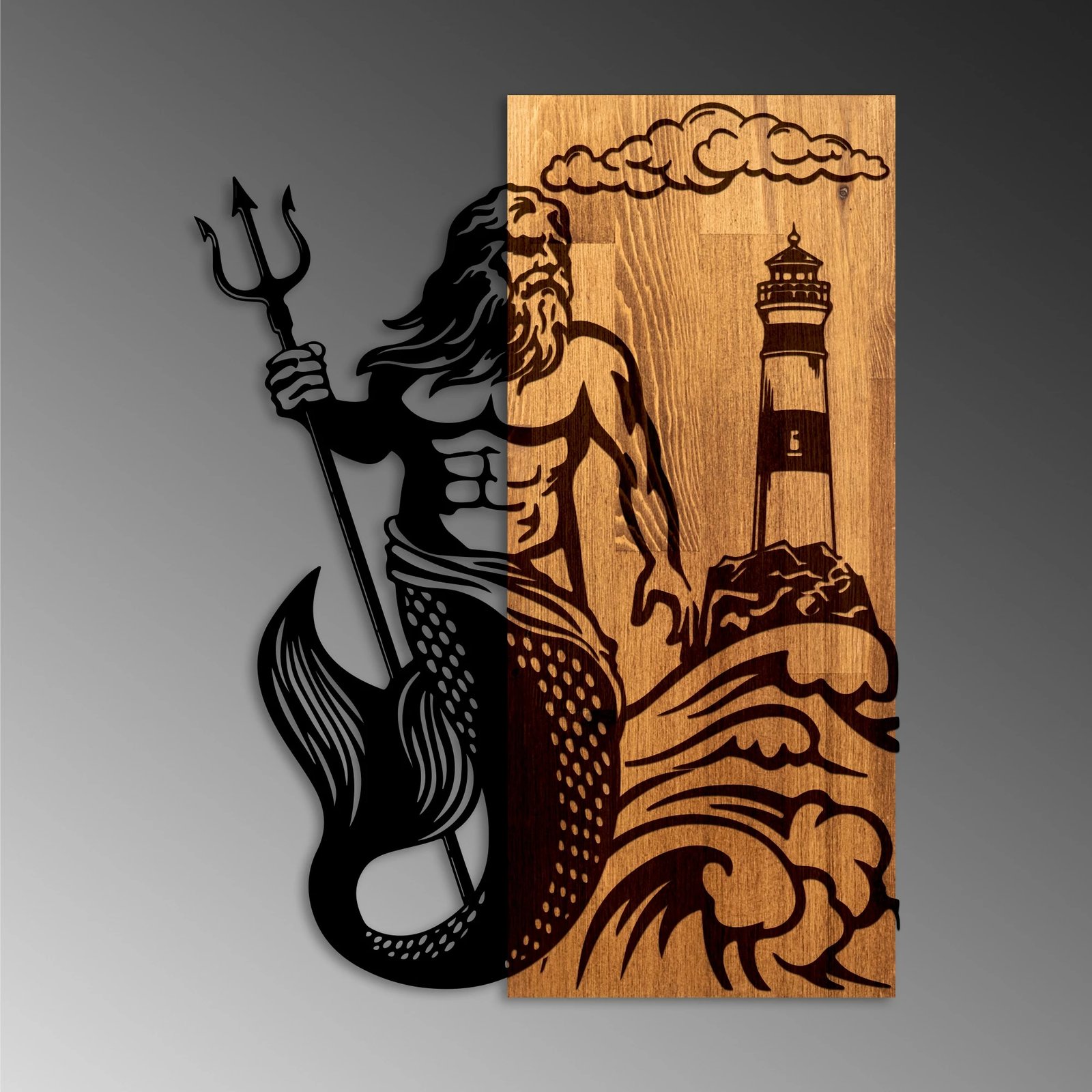 Aksesor muri dekorativ prej druri, Wallity, Poseidon, ngjyrë arre dhe e zezë, 45x58x3cm