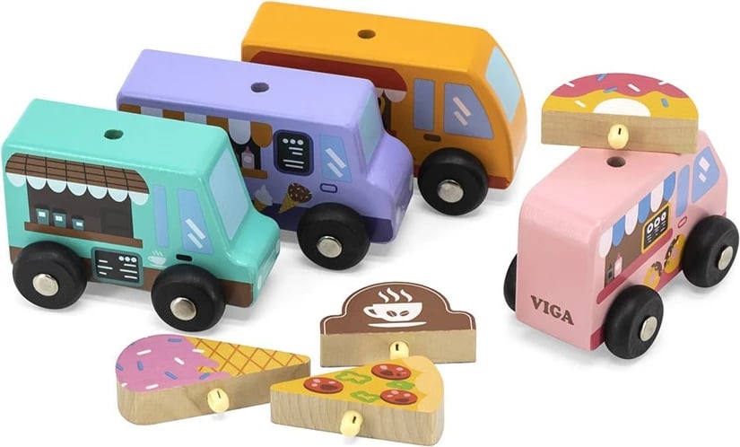 Set kamionë ushqimi prej druri, Viga, 4 copë, për 18+ muaj, multicolor