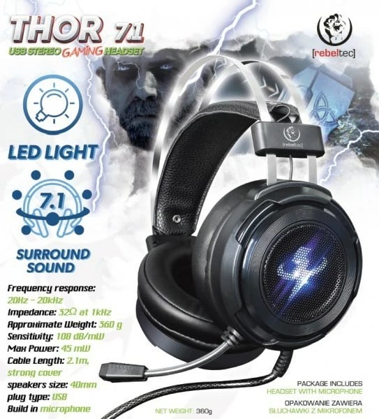 Kufje gaming Rebeltec THOR 7.1 Virtual Surround, me mikrofon, USB, e zezë