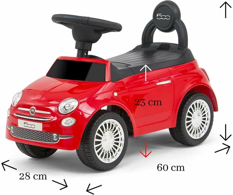 makinë ride-on fëmijësh, Milly Mally FIAT 500, me tinguj dhe borí, sedilje me mbështetëse dhe hapësirë ruajtjeje, 12–36 muaj, e kuqe