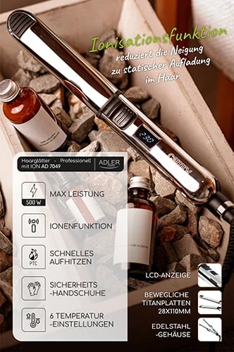 Drejtues flokësh, Adler, CR 2320, ionizim, 6 temperatura 130-230°C, pllaka titani 28x110mm, ekran LCD, bllokim krahësh, fikje automatike, me dorashkë