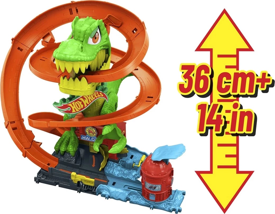 Set lodrash Hot Wheels City T-Rex Blaze Battle me veturë 1:64, shumëngjyrëshe
