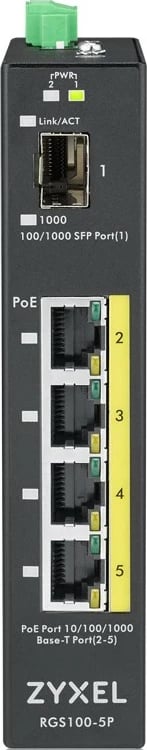 Switch Zyxel RGS100-5P, 4 porte Gigabit PoE+, portë SFP, industrial, i zi