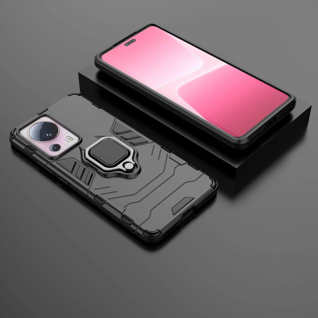 Mbështjellës Hurtel Ring Armor për Xiaomi 13 Lite, me unazë mbajtëse, i zi