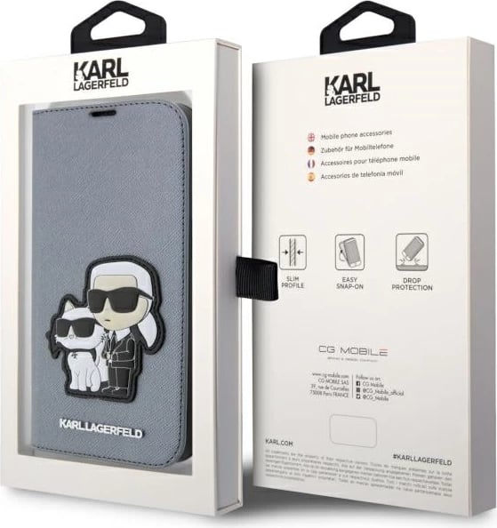 Mbështjellës Karl Lagerfeld KLBKP14XSANKCPG për iPhone 14 Pro Max 6.7", Saffiano Karl & Choupette, argjendtë