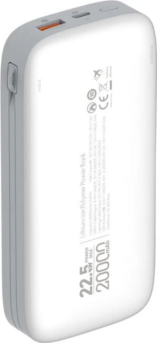 Powerbank LDNIO PQ20, 20000mAh, 22.5W, USB-C, Lightning, Bardhë