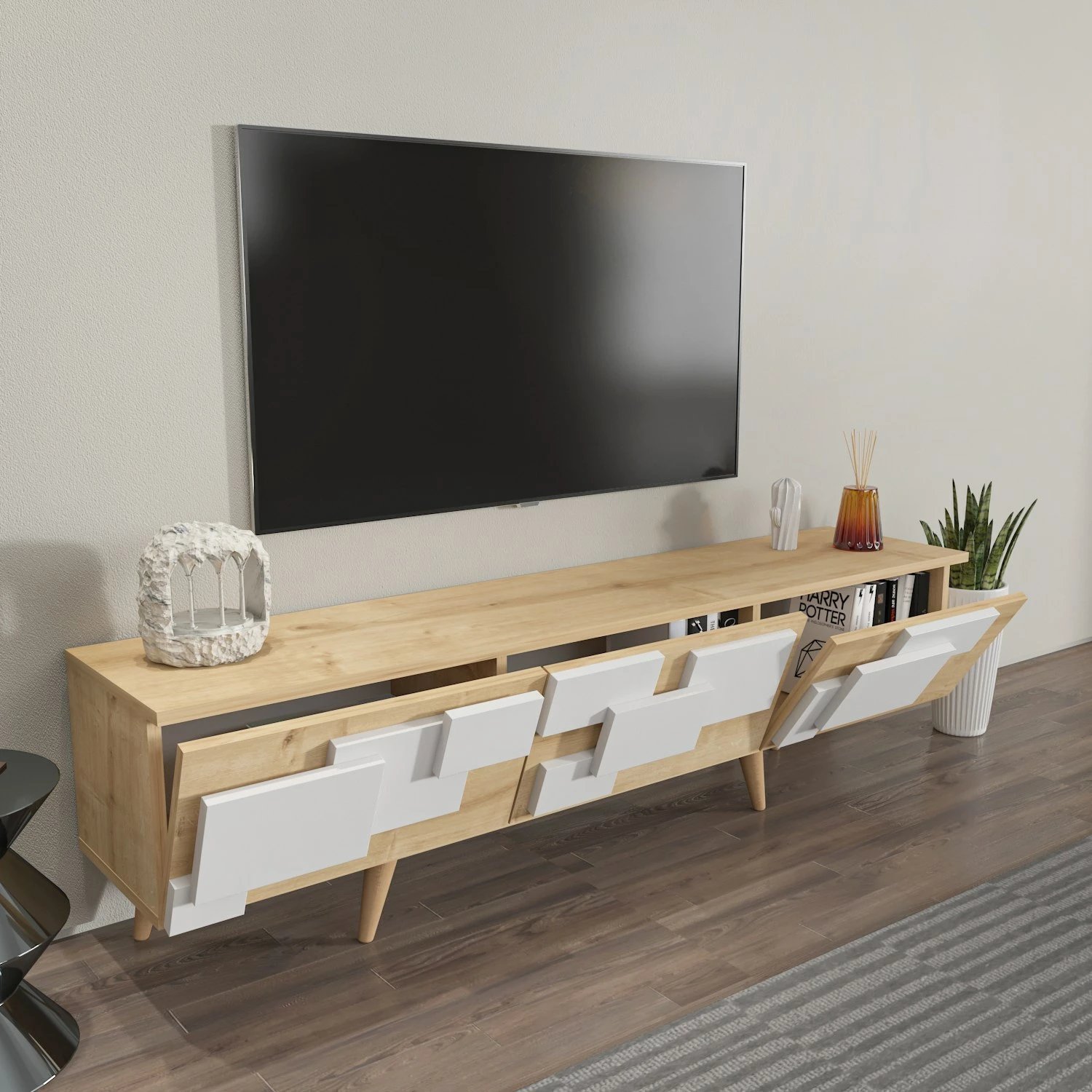 Komodë TV Skye Decor, 3 D, ngjyrë lisi, e bardhë