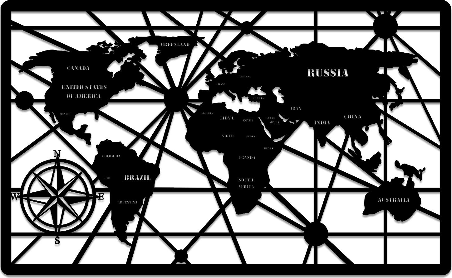 Aksesor dekorativ metalik për mur, hartë bote, Wallity, 50x82cm, e zezë