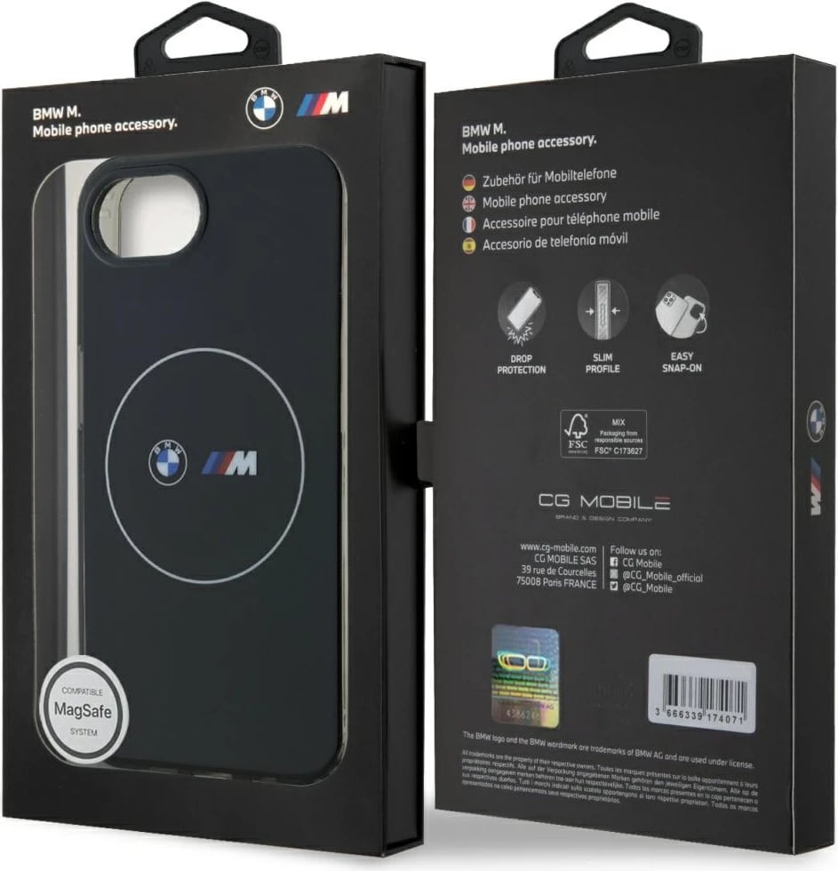 Mbështjellës BMW IML Metal White Circle MagSafe për iPhone 16e, i zi