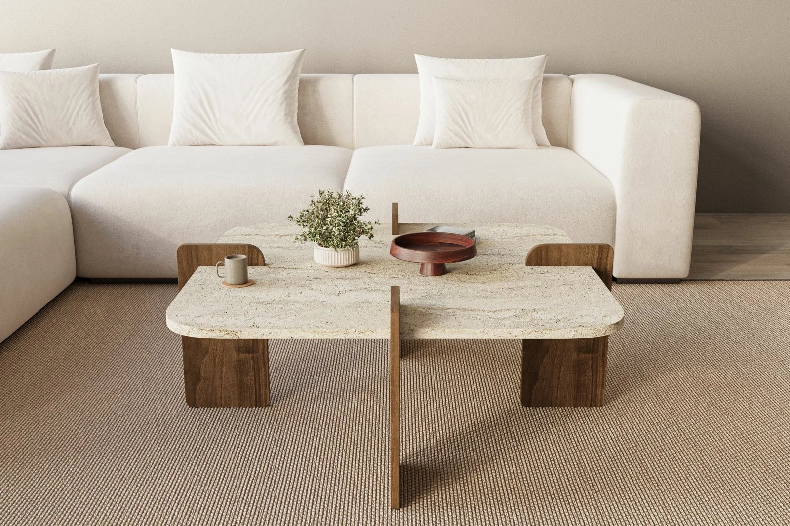 Tavolinë kafeje Skye Decor, Poalla, travertin, dru arre